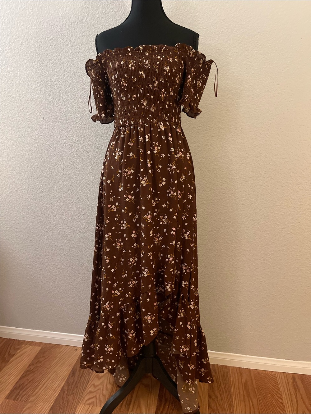 miami Brown Floral Off-Shoulder Maxi Dress with Ruffle Hem